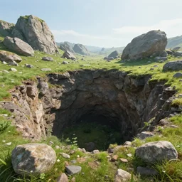 landscape, a giant hole in the ground, photorealistic cinematic concept art, overgrown stones and grass fields bright day, fantasy, giant rocks, rocky hills, deep abyss