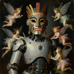 a baroque portrait painting of a retrofuturistic robot wearing an intense tribal mask surrounded by fantasy fairies. pulp sci - fi art for omni magazine. high contrast. dark background. baroque period, oil on canvas. renaissance masterpiece. muted colors, soft gradients. trending on artstation. retrofuturism.