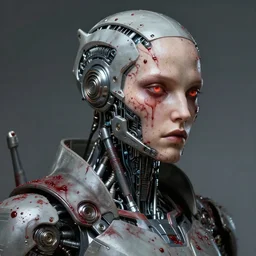 futurist half human half robot soldier, art by leyendecker, head and shoulders portrait, blood, cyberpunk, cybernetic implants, very intricate, award winning, extreme details