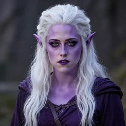 Kristen Stewart as a Drow Elf wizard with white hair and purple skin. Photorealistic digital art trending on artstation, artgem.