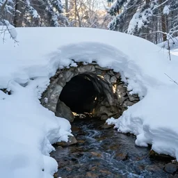 snow cave under a snow patch with a stream running through it, light filtered through