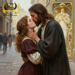 jesus kissing a woman in a street, elegant, highly detailed, digital painting, artstation, concept art, matte, sharp focus, highly detailed, 4 k, hdr, smooth, sharp focus, high resolution, award - winning photo, photorealistic, art by artgerm and greg rutkowski and alphonse mucha, large shot