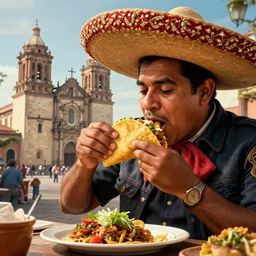 epic masterpiece of cinematographic hyperrealism where a mexican appears eating a taco in the background you can see the cathedral of managua. realistic shaded lighting poster by craig mallismo, artgerm, jeremy lipkin and michael garmash, unreal engine, radiant light, detailed and intricate environment, digital art, art station trends