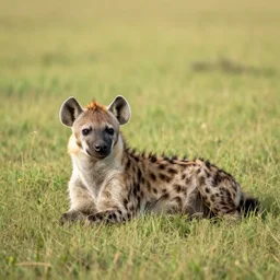 striped hyena laying in between the grass in savannah lit by the sunset, zoomed out, birds - eye - view