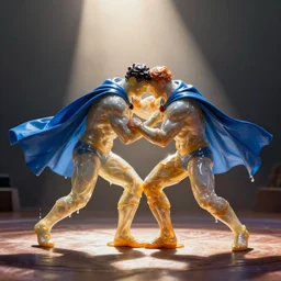 a superhero composed of glue, with a blue cape, wrestling