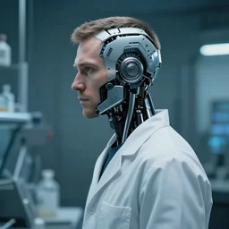 a laboratory operator man with cybernetic enhancements seen from a distance, 1 / 4 headshot, scifi character portrait by greg rutkowski, craig mullins, daytoner, cinematic lighting, dystopian scifi, profile picture, mechanical, cyborg, half robot