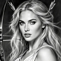 portrait of beautiful megan fox as greek goddess aphrodite, archer, arrow on the head, beautiful piercing eyes, flowing blonde hair, realistic face, black and white drawing, in the style of greg rutkowski, fantasy, amazing detail, epic, intricate, elegant, smooth, sharp focus