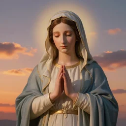 photo of a virgin mary portrait blending into a beautiful sunset sky
