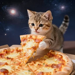 kitten riding a slice of pizza across the galaxy