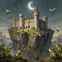 dozens of hived hexagonal frog kappa bee necromancers in the castle keep glorious cliff moat with the crescent moon rippling above. Frank Lloyd Wright Giuseppe Sciutti canaletto godmachine carl laubin lebbeus woods James Tissot Cinematic Keyframe Environmental & Architectural Design Concept Art, Trending on ArtStation