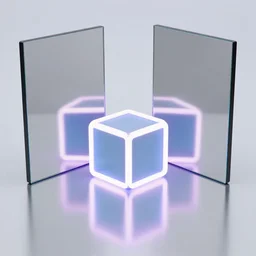 a neon cube standing between two mirrors stand parallel to each other refracting each other recursively in a mirror room, 4 k