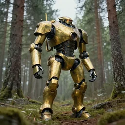steampunk mech standing in a swedish forest, very low angle photograph, simplified, brass plates, trending on artstation, realistic, soft colors, simon stålenhag