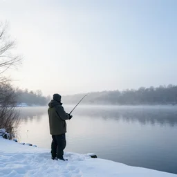 a man fishing by a lake, cold winter morning