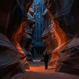 slot canyon by, mads berg, karolis strautniekas, film noir, stippled light, dramatic lighting, editorial illustration, detailed, fine texture, matte print, art deco, brutalism, dark blue + dark orange, red, black, ( ( habitat 6 7 background ) )