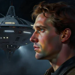 a dark and colorful close - up side profile portrait of a spaceship with led lights glowing fog in the background. highly detailed science fiction painting by norman rockwell, frank frazetta, and syd mead. rich colors, high contrast, gloomy atmosphere, dark background. trending on artstation