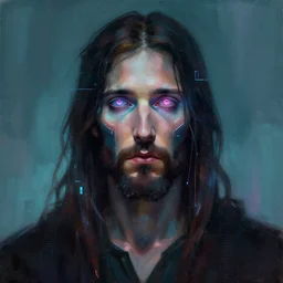 « a portrait o cyberpunk jesus christ, glowing eyes, a digital painting by charlie bowater, featured on cgsociety, fantasy art, behance hd, wiccan, artstation hd »