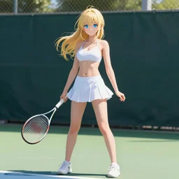full body shot : a very beautiful young blond tennis anime girl, most popular girl sky blue eyes,, bikini, miniskirt, highly detailed, cinematic wallpaper by stanley artgerm lau