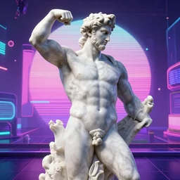 unreal engine hyperreallistic render 8k marble statue of hercules vaporwave background