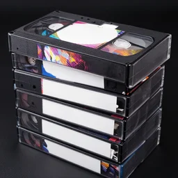 a stack of blank vhs tapes. colorful graphics on the sleeve