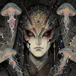 3 d close - up portrait of a necromancer with blattodea face traditional japanese art liminal broken in to pieces fractured, swirly phoenix jellyfish, highly detailed, iridescent accents. by wlop, tooth wu, greg rutkowski, alena aenami, beeple