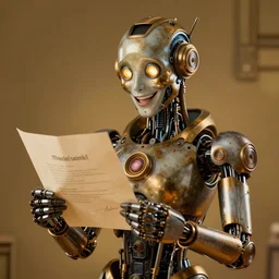 a beautiful intricate fine art portrait photo of a happy mechanical industrial steampunk robot reading a letter of admission held in hands, by anna dittman and zach sutton, eyes glowing, happiness!, perfection!, studio lighting, golden ratio composition, 50mm lens, bionic, cybernetic scifi, deep depth of field, artstation, 8K