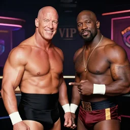 kurt angle and booker t in the vip room at the night club wearing sunglasses and tuxedos, sitting on a couch with ladies, champagne bottles, high class