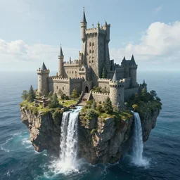 ultrafine digital render of an incredibly detailed stone castle on an sky island over a vast ocean, a beautiful waterfall is falling from the island, by daniel yosef abdu, surendra rajawat, trending on artstation, highly detailed textures, 4 k render, photorealistic, volumetric lighting, unreal engine,