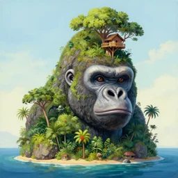 painting of a small jungle island with a large rock formation in the shape of a gorilla head with a treehouse on the top, trending on artstation