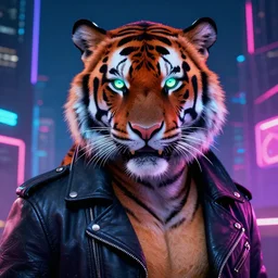 a beautfiul award winning commission portrait of an anthro tiger in the neon cyberpunk city at night,wearing a leather jacket,glow effect,detailed face,photorealistic,character design by charles bowater,ross tran,deviantart,artstation,digital art,hyperdetailed,realistoc,western comic style,vfx,dramatic,dream-like