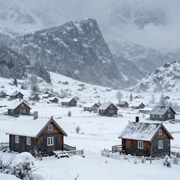 mountain village with wooden viking houses in the snow, blizzard, landscape, raphael lacoste, eddie mendoza, alex ross, concept art, matte painting, highly detailed, rule of thirds, dynamic lighting, cinematic, detailed, denoised, centerd