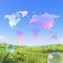 pre - 2 0 0 0 s, 9 0's era, cg render of a world with orbs flying over a meadow with blue sky. slick futuristic looks, gradients, translucence. softimage 3 d vaporwave, futurism, cyber y 2 k