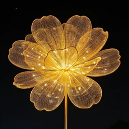 a gigantic glowing golden wire sculpture of a flower, in a starry black sky