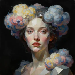 a dark neoclassicist sci - fi close - up portrait of a geometric woman becoming colorful puffy cartoon clouds. reflective detailed textures. studio lighting, black background. highly detailed fantasy science fiction painting by, moebius, norman rockwell, frank frazetta, and syd mead. high contrast. artstation