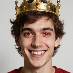 man with red eyes and a crown grinning