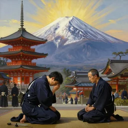 depressed man and buddhahood, elegant, classical, by fernando botero, by ambrosius benson, realistic, zoomed out, epic composition, discovering japan, ceremony, temple, dojo, mountain fuji