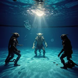 3 5 mm film still of a terrifying ritual occult gathering of half human half reptile hybrids, underwater in a large deep dark watered public swimming pool hall, liminal spaces, pentagrams and other illuminati masonic symbolism engraved and scattered, broken panes of glass, rays of moonlight, film grain