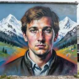 a highly detailed portrait of nicholas roerich in front of altai mountains, in the style of spray - painted street art