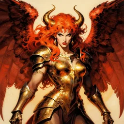 portrait of female chaos angel, beautiful! coherent! by frank frazetta, by brom, strong line, deep color, armor, volumetric hair, high contrast, maximalist