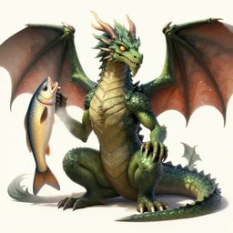 humanoid dragon sitting next to a fish