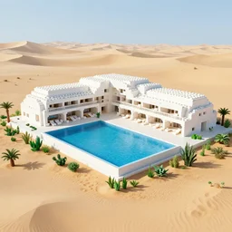 habitat 6 7, white lego architect hotel in the dessert, many plants and infinite pool