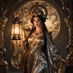 queen of the underworld with her lantern by Annie Swynnerton and Nicholas Roerich and jean delville, strong dramatic cinematic lighting , ornate headdress , flowing robes, lost civilizations, smooth, sharp focus, extremely detailed