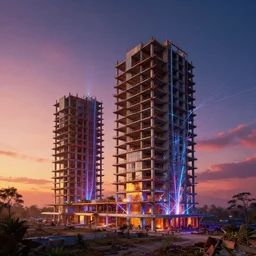 a beautiful very detailed rendering of villa city unfinished building industrial architecture by b. v. doshi, cosmic at dawn sunset thermal imaging landscape retrowave laser alien cyberpunk myst, archdaily, wallpaper, highly detailed, trending on artstation.