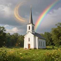old white church chapel with a steeple in an old green meadow and gold sparkles floating around in the air and sky, swirling clouds, swirling glowing gold dust, lush forest, idyllic landscape, sparkles, rainbow across the sky, ethereal, atmospheric, iridescent, volumetric, unreal engine, ray - tracing, film still, artstation, 8 k