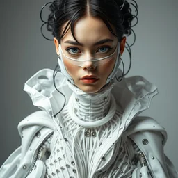fashion portrait hungry eyes, extremely detailed, by iris van herpen, inflateble shapes, rent gucci dress, wires, tubes, veins, white biomechanical details, epic bionic fabric, masterpiece, intricate, vogue, highly detailed, artstation, concept art, octane render, cell shading