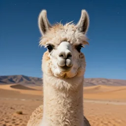 highly detailed portrait photo of a llama with dreadlocks, in a scenic desert, with starfall in the night sky, hyperrealistic Illustration