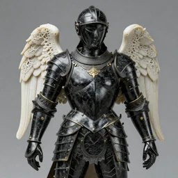 carved black marble mechanical sculpture wearing hard surface armour, subtle gold accents, frontal view, ivory rococo, wings lace wear, hyper detailed, insane details, intricate