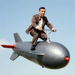 Archival photo of Mr Bean riding the atomic bomb