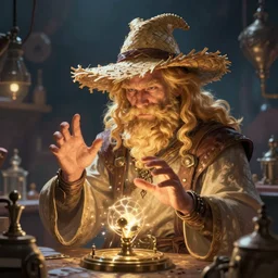 man_mage Character art of a D&D wizard doing magic in his laboratory, with a blond beard and curly hair and a wide-brimmed straw hat, concept art, digital art