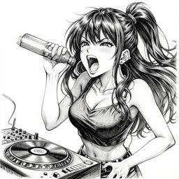 a very intricate portrait of manga female disc jockey yelling screaming shouting, realistic drawing ink, sharp focus, cover art