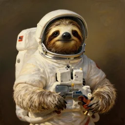 sloth cosmonaut, proudly posing for a portrait, painted by rembrandt, intricate, detailed, atmospheric lighting, golden hour.